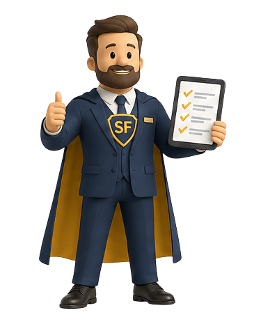 SuperFuneral mascot holding a clipboard