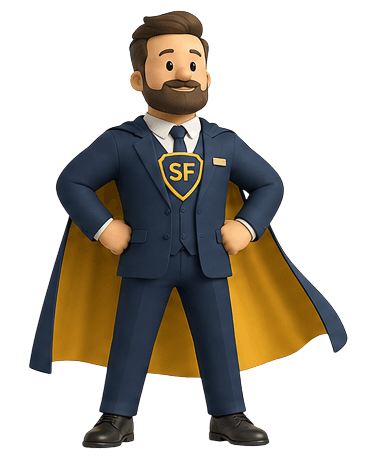 SuperFuneral mascot with hands on hips