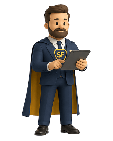 SuperFuneral mascot holding a tablet