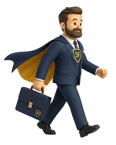 SuperFuneral mascot walking with a briefcase